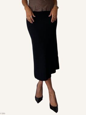 Arach & Cloz Black Knit Column Skirt Midi Wool Blend Pull On Stretch Knit